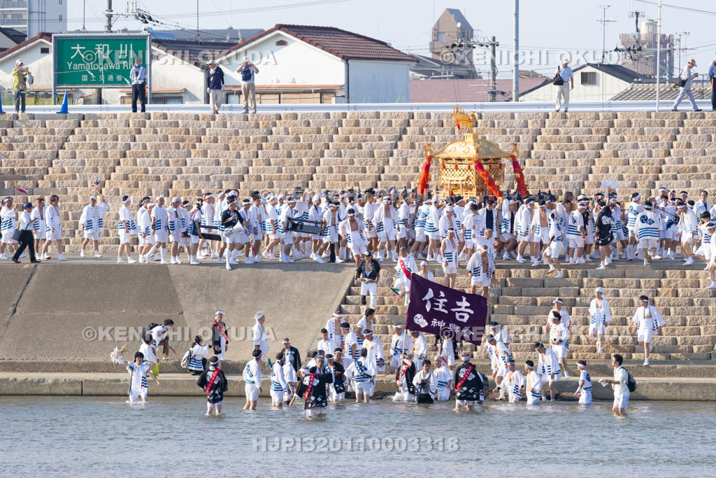 大阪府　住吉祭の神輿渡御　大和川川渡り