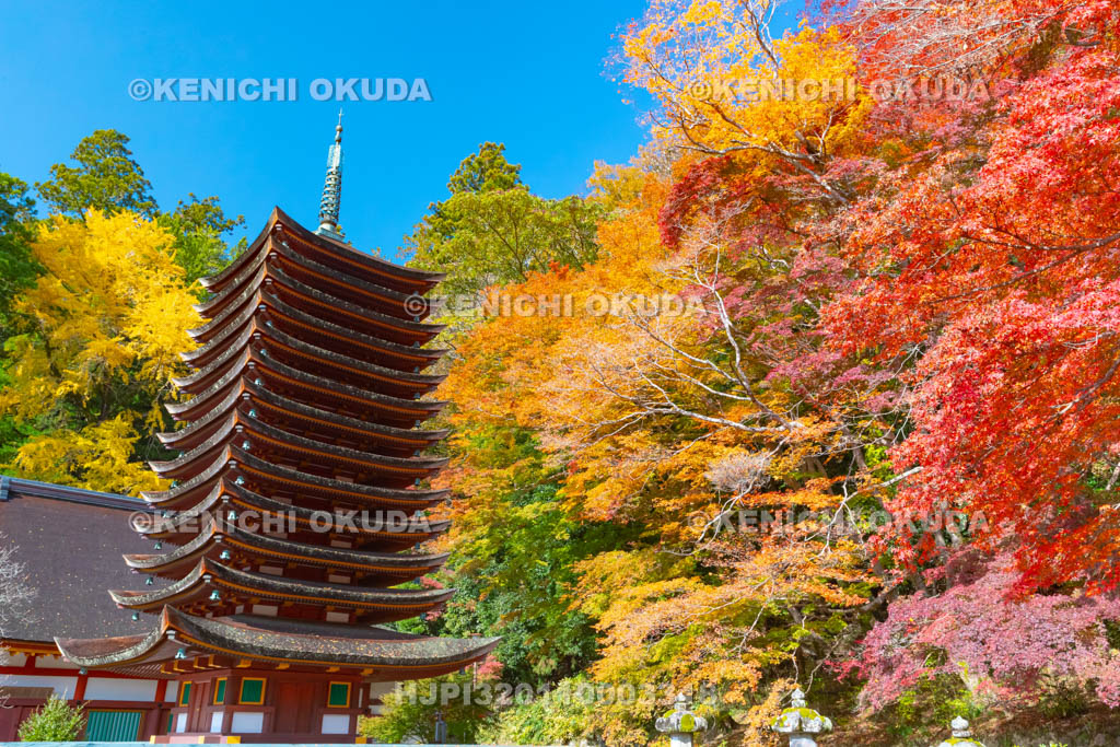 奈良県　談山神社　紅葉と十三重塔