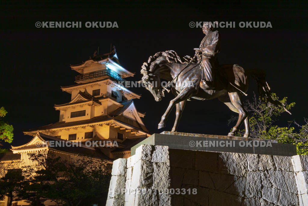 愛媛県　今治城の夜景　藤堂高虎公像
