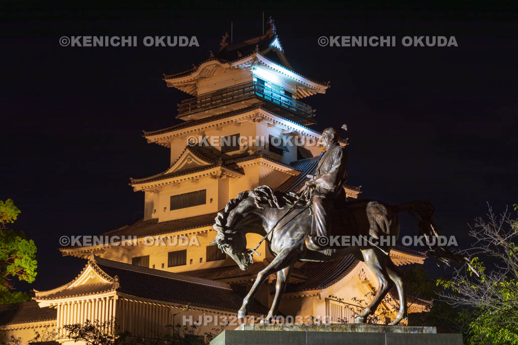 愛媛県　今治城の夜景　藤堂高虎公像