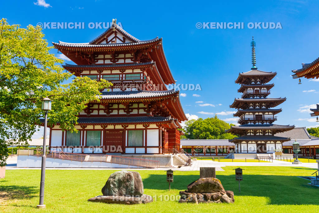奈良県　薬師寺　金堂と東塔（国宝）
