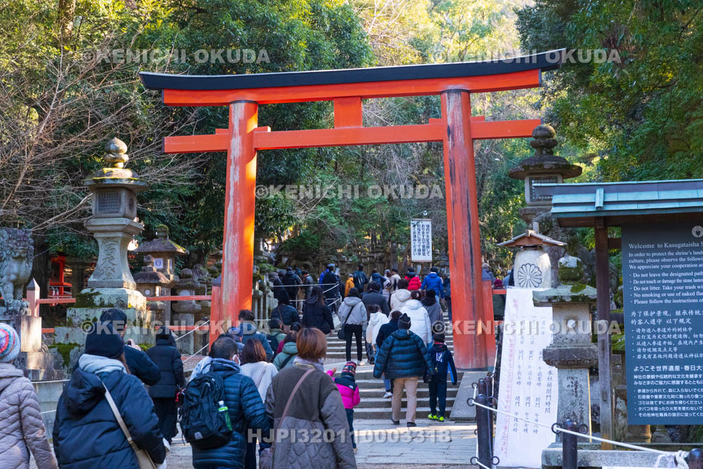 奈良県　春日大社　初詣風景　二之鳥居付近