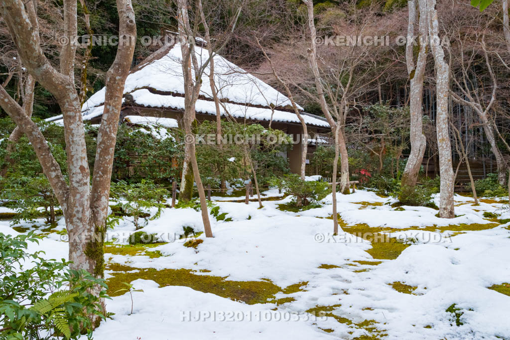 京都府　嵯峨野　祇王寺　残雪の草庵と苔庭