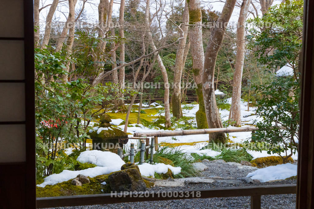 京都府　嵯峨野　残雪の祇王寺　草庵から望む苔庭