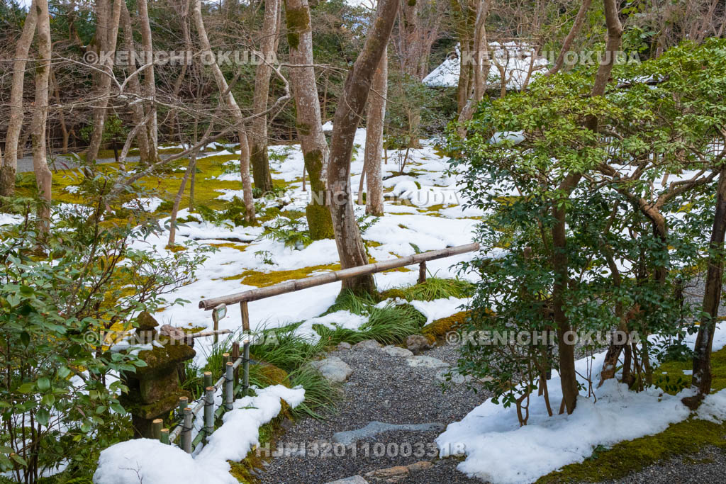 京都府　嵯峨野　残雪の祇王寺　草庵から望む苔庭