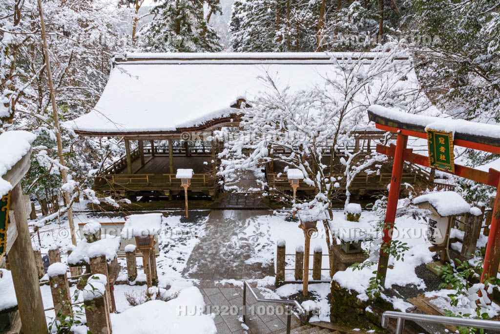 京都府　雪の鞍馬寺　由岐神社　荷拝殿（重要文化財）