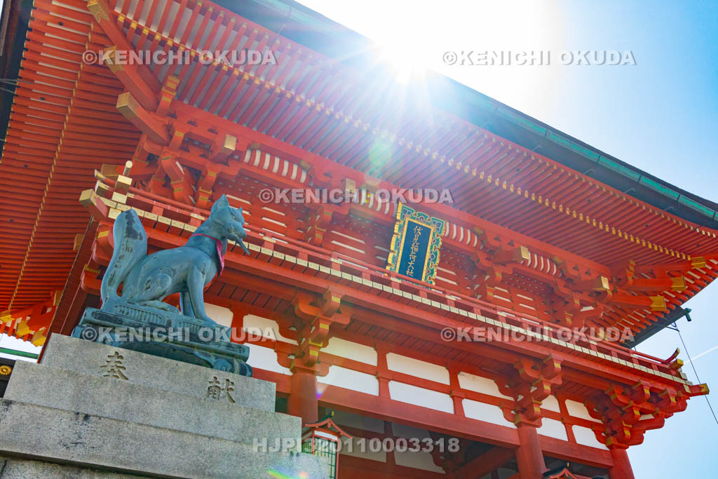 京都府　伏見稲荷大社　狛狐と楼門（重文）