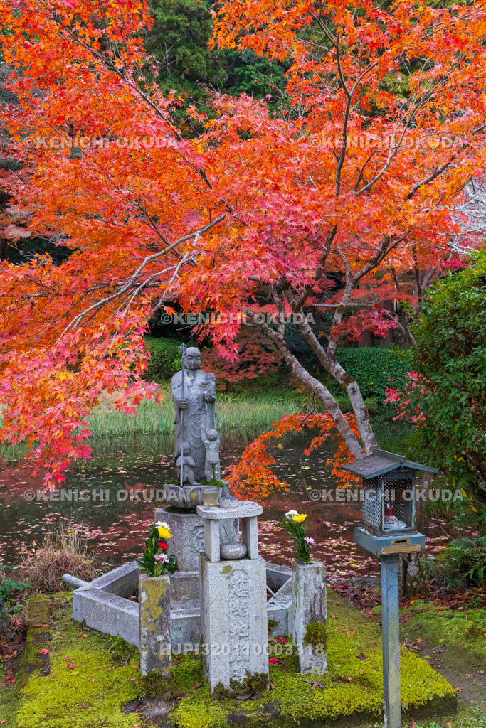 奈良県　紅葉の長岳寺　慈悲地蔵尊と放生池
