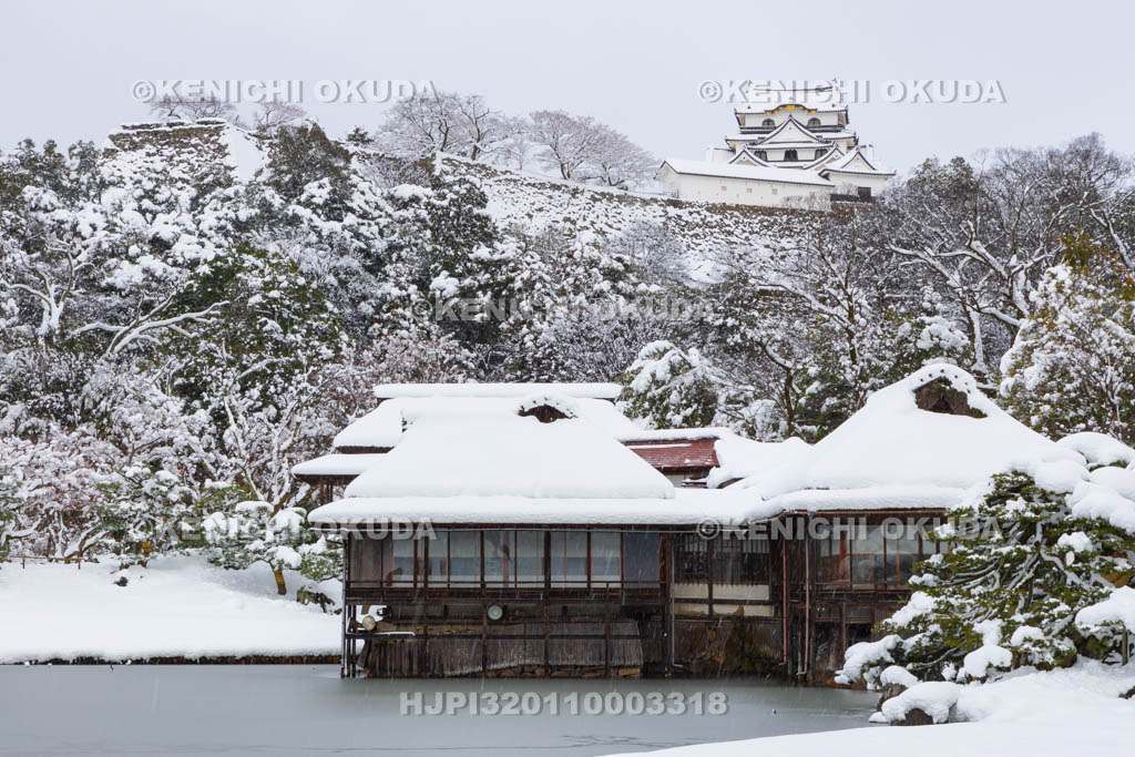 滋賀県　雪の彦根城　玄宮園から望む天守（国宝）