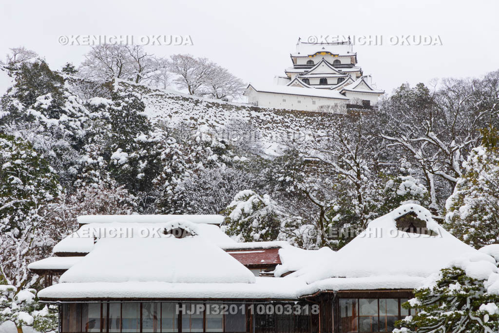 滋賀県　雪の彦根城　玄宮園から望む天守（国宝）