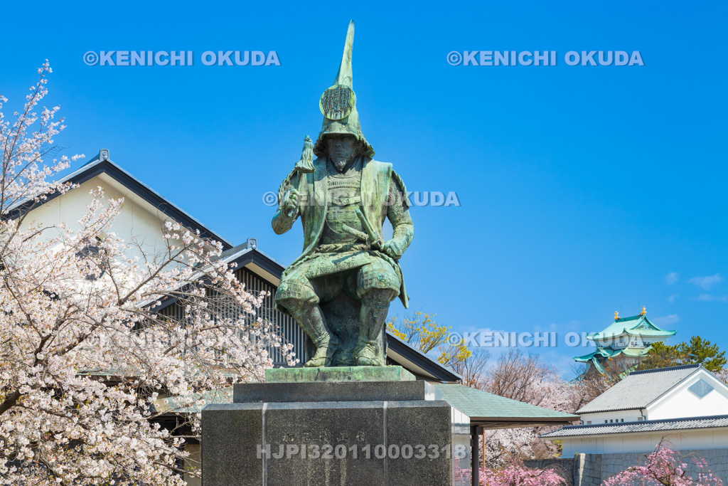 愛知県　名古屋城　三之丸　桜と加藤清正像