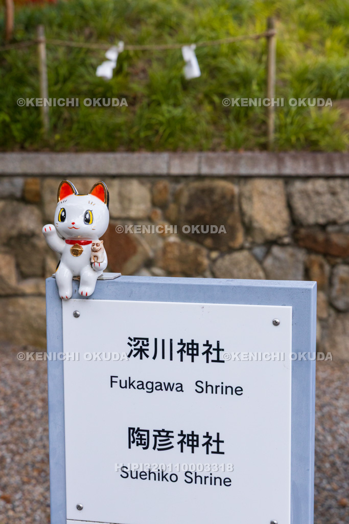 愛知県 深川神社 看板と瀬戸焼の招き猫
