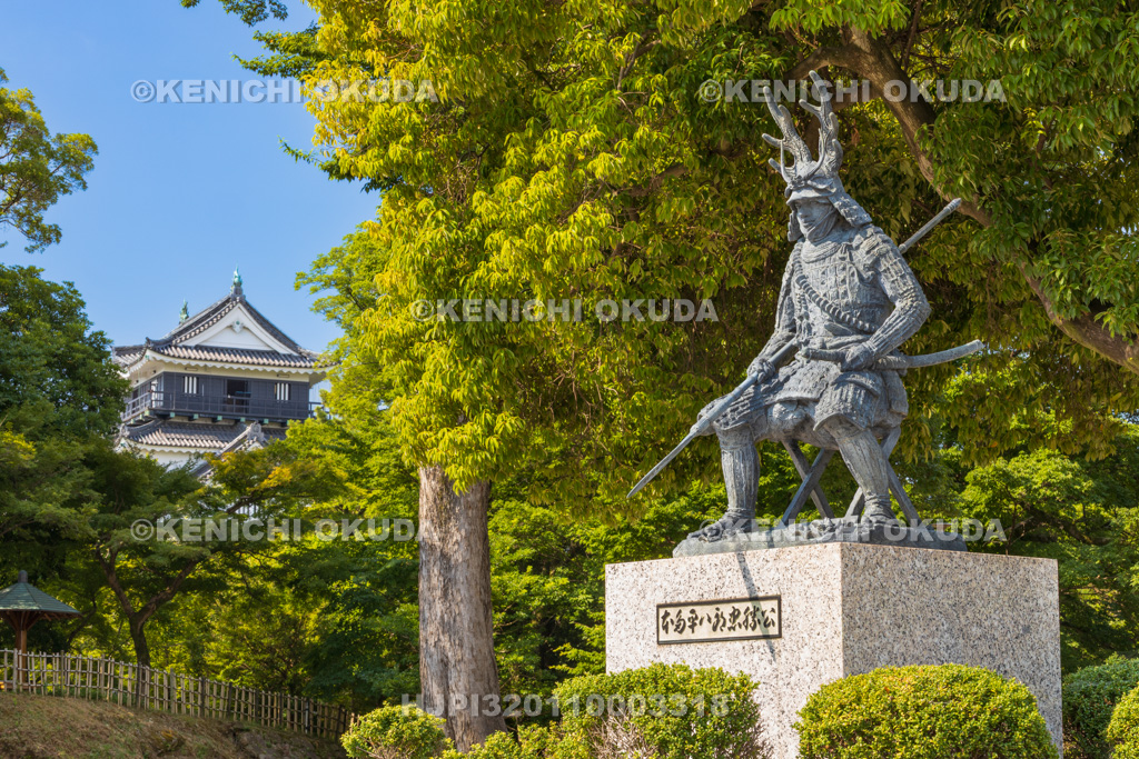愛知県 岡崎城 天守と本多平八郎忠勝公像