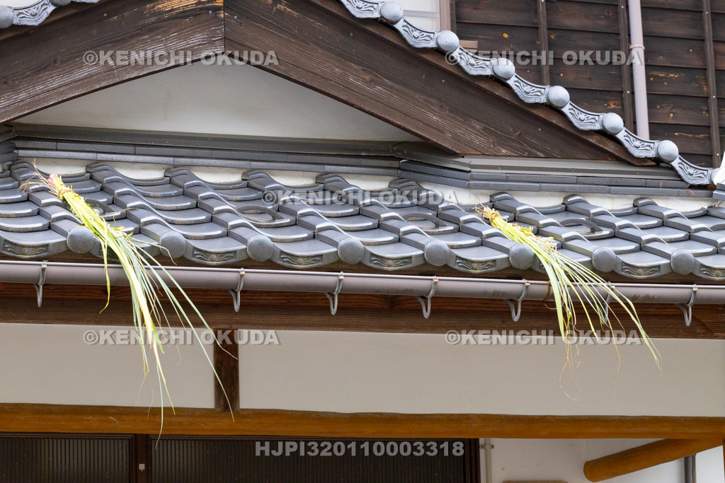 兵庫県 但馬久谷の菖蒲綱引き 屋根に上げられた菖蒲・よもぎ・すすき